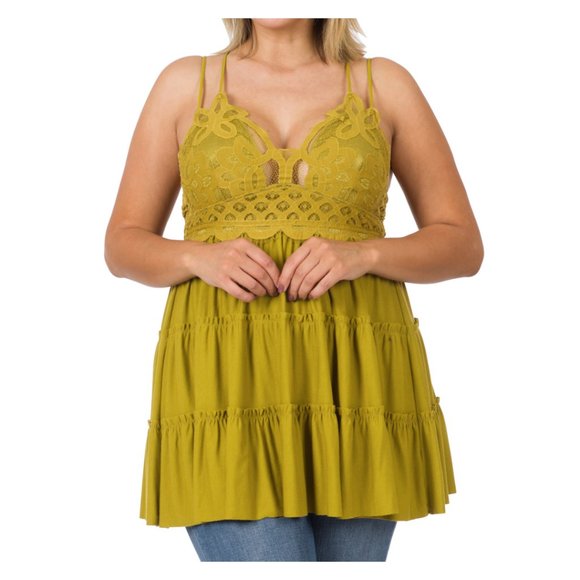 Dresses & Skirts - PLUS CROCHET LACE RUFFLE CAMI DRESS - Olive Mustard 1X